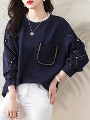 Chains Pockets Ruffled Split-Joint Three-Dimensional Flower Long Sleeves Loose Round-Neck T-Shirts Tops