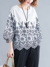 Hollow Print Loose Three-quarter Sleeves Round-neck Blouses&shirts Tops