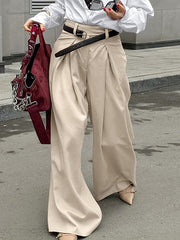 Pleated Solid Color Split-Joint High Waisted Loose Trousers Suit Pants