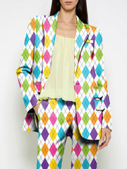 Buttoned Pockets Printed Shoulder Pad Long Sleeves Loose Notched Collar Outerwear Blazer