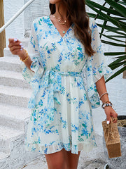 Flower Print Ruffle Trim Split-Joint Tied Waist Flared Sleeves Half Sleeves V-Neck Mini Dresses