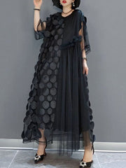 Asymmetric Pleated Polka-Dot Solid Color Split-Joint Tulle A-Line Half Sleeves Round-Neck Maxi Dresses