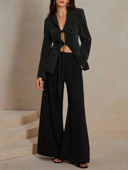 Pockets Solid Color Tied Long Sleeves Loose Notched Collar Outerwear Blazer