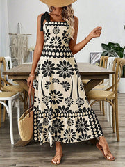 Elasticity Flower Print Pleated Tied A-Line Loose Spaghetti-Neck Midi Dresses