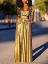 Shiny Solid Color Half Sleeves Puff Sleeves Deep V-Neck Maxi Dresses