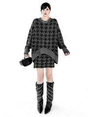 Contrast Color Split-joint Ribs Shiny Swallow Gird/Houndstooth Round-Neck Sweater Tops + A-Line Elasticated Waist Skirts Bottoms Two Pieces Set