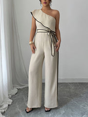 Elasticity Tied Waist High Waisted Wide Leg One-Shoulder Jumpsuits