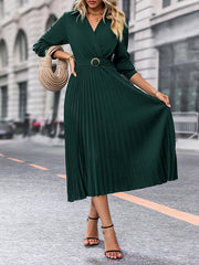 Belted Pleated Solid Color A-Line Long Sleeves Lapel Midi Dresses