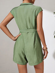 Solid Color Zipper Short Sleeves Lapel Collar Rompers
