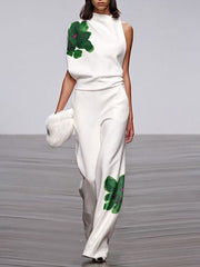 Loose Sleeveless Asymmetric Flower Print Mock Neck Vest Top