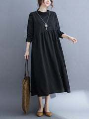 Casual Loose Long Sleeves Solid Color Stand Collar Midi Dresses