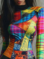 Long Sleeves Skinny Contrast Color Mock Neck Blouses&Shirts Tops