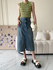 Pockets Split-front Split-Joint A-line Denim Skirts Bottoms
