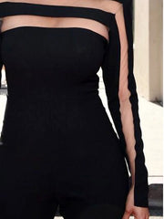 Mesh Solid Color Split-Joint Long Sleeves Skinny High Neck T-Shirts Tops