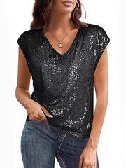 Sequined Solid Color Loose Raglan Sleeve V-Neck T-Shirts Tops