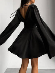 Solid Color Split-Joint Zipper A-Line Flared Sleeves Deep V-Neck Mini Dresses