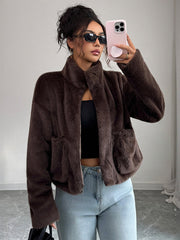 Pockets Solid Color Zipper Long Sleeves Loose Stand Collar Sweater Tops Outerwear