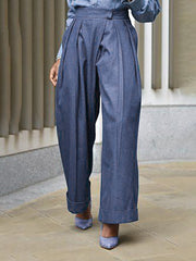 Pleated Pockets Solid Color High Waisted Loose Wide Leg Jean Pants Bottoms