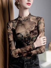 Asymmetric Mesh See-Through Split-Joint Long Sleeves Plus Size Round-Neck T-Shirts Tops