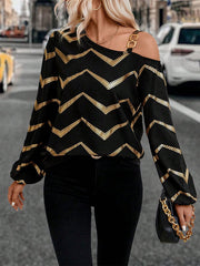 Asymmetric Bronzing Chains Elasticity Striped Long Sleeves Loose Asymmetric Collar T-Shirts Tops