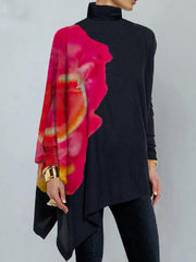 Flower Print Irregular Clipping Long Sleeves High Neck T-Shirts Tops