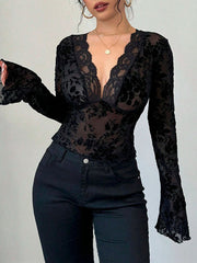 Solid Color Flared Sleeves Long Sleeves Deep V-Neck T-Shirts