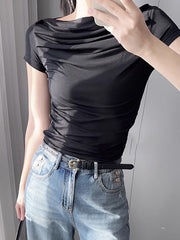 Pleated Solid Color Loose Short Sleeves Boat Neck T-Shirts Tops