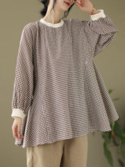Puff Sleeves Irregularity Plaid Split-Joint Round-Neck T-Shirts Tops