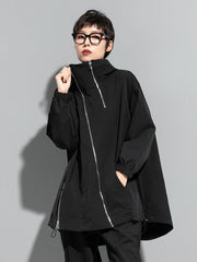 Irregularity Loose Solid Color Zipper Hooded Outerwear