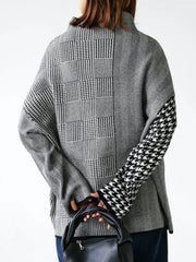 Houndstooth Plaid Long Sleeves Loose High Neck Sweater Tops Pullovers