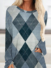 Plaid Printed High-low Long Sleeves Round-neck T-Shirts Tops