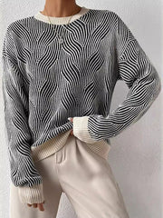 Contrast Color Split-Joint Striped Long Sleeves Loose Round-Neck Sweater Tops Pullovers