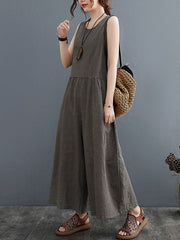 Plaid Split-Joint Loose Sleeveless Round-neck Jumpsuits