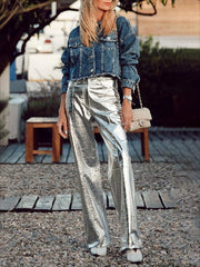 Pockets Shiny Split-Joint Trousers Pants