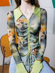 Drawstring Flower Print Pleated Flared Sleeves Long Sleeves Lapel Blouses&Shirts Tops