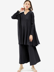 Urban Pleated Solid Color V-Neck Long Sleeves T-Shirt&Flared Pantstwo Pieces Set