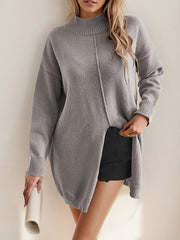Solid Color Split-Front Split-Joint Long Sleeves Loose Mock Neck Sweater Tops
