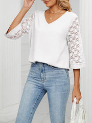 Mesh Solid Color Split-Joint Loose Three-Quarter Sleeves Round-Neck T-Shirts Tops