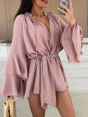 Lace-Up Pleated Solid Color Split-Joint Tiered Flared Sleeves Loose Round-neck Mini Dresses