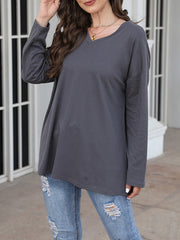 See-Through Solid Color Split-Joint Long Sleeves Loose V-neck T-shirts