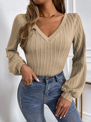 Solid Color Long Sleeves Puff Sleeves V-Neck T-Shirts Tops