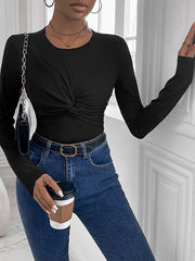 Knot Solid Color Bodycon Long Sleeves Round-Neck Bodysuits