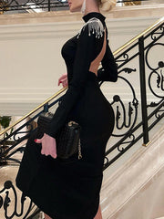 Back Cross Split-side Tasseled Long Sleeves Skinny High Neck Midi Dresses