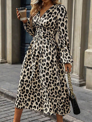Contrast Color Leopard Pleated Split-Joint Elasticated Waist High Waisted V-Neck Maxi Dresses