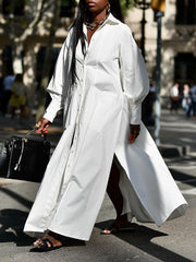 Buttoned Pockets Solid Color Long Sleeves Loose Lapel Shirt Dress Maxi Dresses
