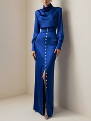 Split-Joint Heaps Collar Long Sleeves Pleated Blouses&Shirts Tops + Elasticated Waist Asymmetric Buttoned Contrast Color Split-Side Zipper Skirts Bottoms Two Pieces Set