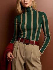 Contrast Color Split-Joint Striped Long Sleeves Skinny High Neck Blouses&Shirts Tops