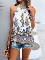 Flower Print Split-Joint Tied A-Line Loose Mock Neck Vest Top