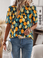 Leaves Print Split-Joint Loose Short Sleeves Mock Neck T-Shirts Tops