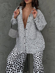 Polka-Dot Long Sleeves Loose Buttoned Contrast Color Pockets Lapel Blouses Tops + Pants Bottom Two Pieces Set